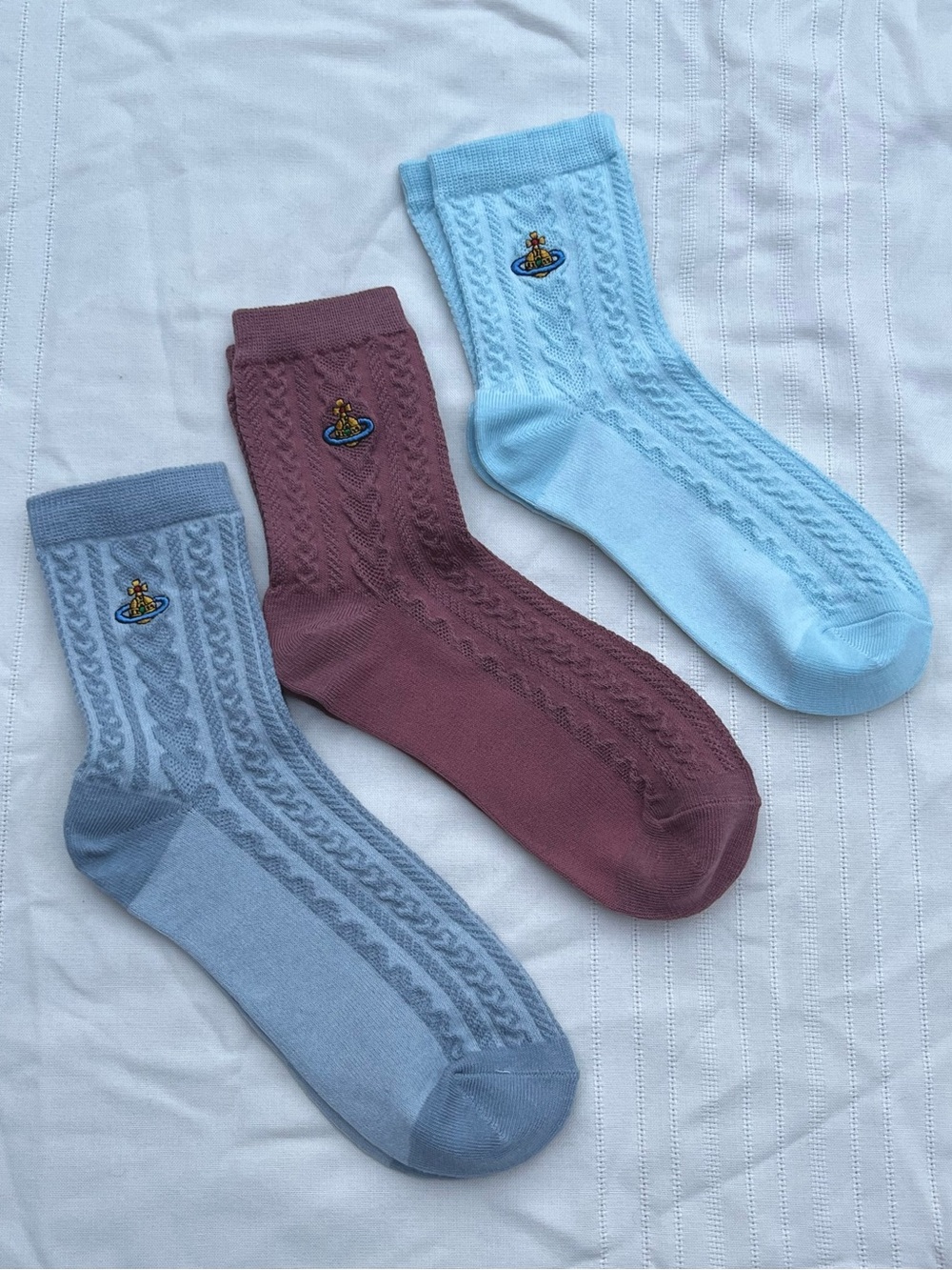Vivienne Westwood 3 Pack Cable-Knit Crew Socks in Light Blue, Maroon & Gray